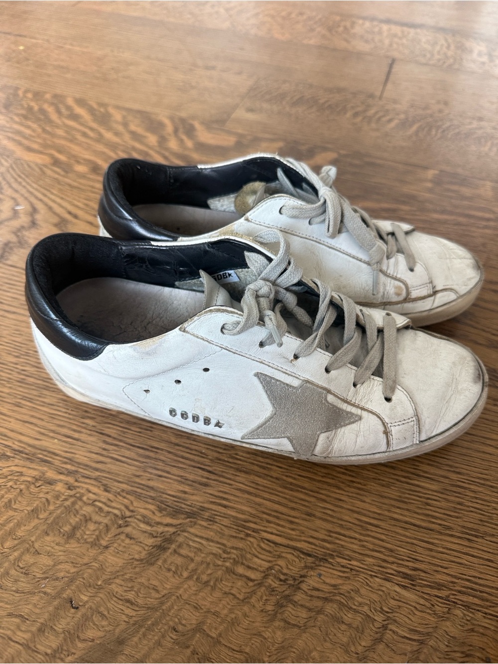 Golden Goose Classic White Leather Grey Star Sneakers with Black Heel detail